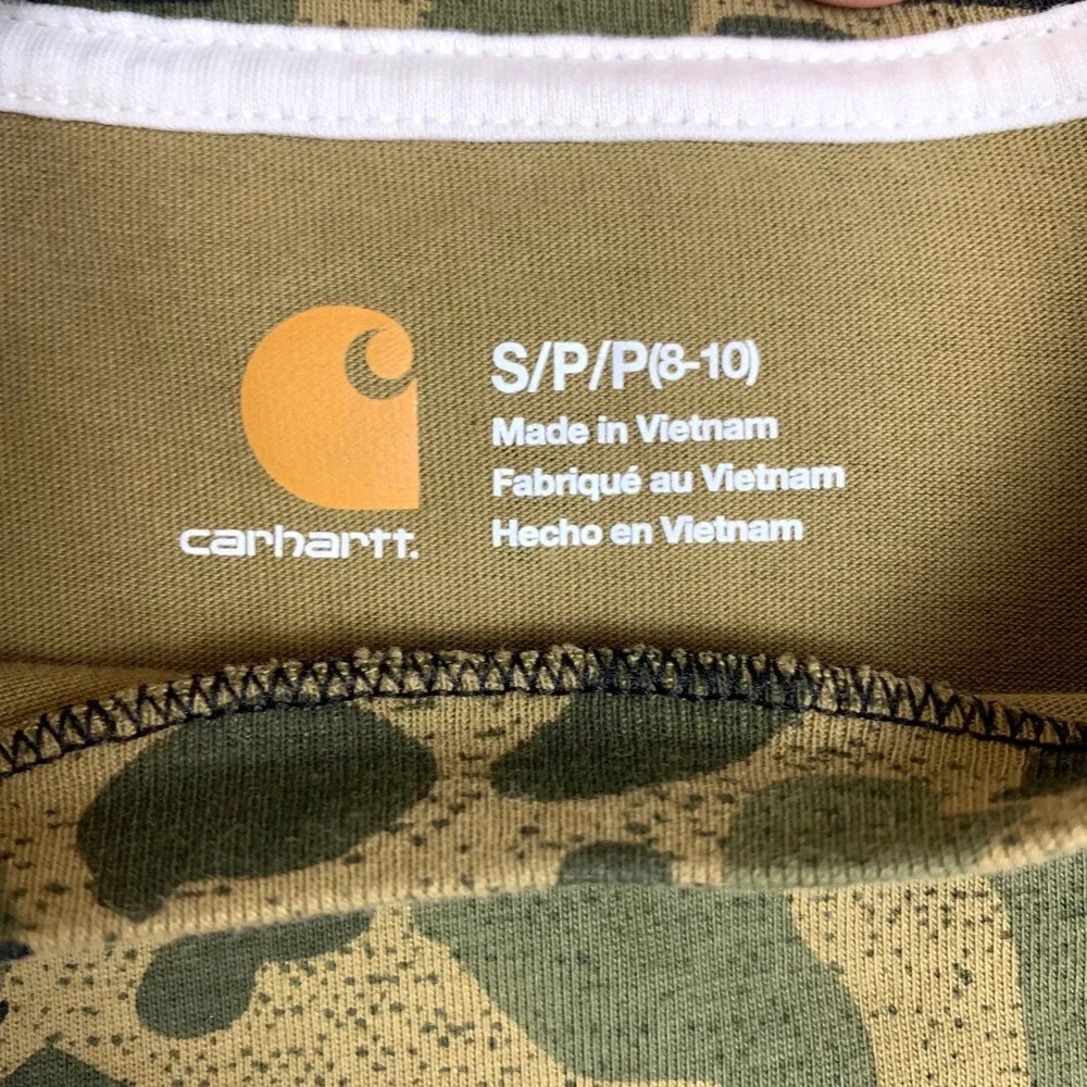 Carhartt‎ T-Shirt Boys S (8-10) Green Cotton Camo Graphic Logo Long Sleeve